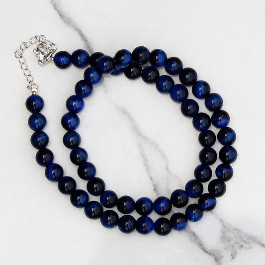 Genuine Blue Tiger's Eye Beads Necklace / Handcrafted Adjustable Mala Necklace / 8 MM Round Smooth Beaded Necklace Jewelry For Her - AS & JG