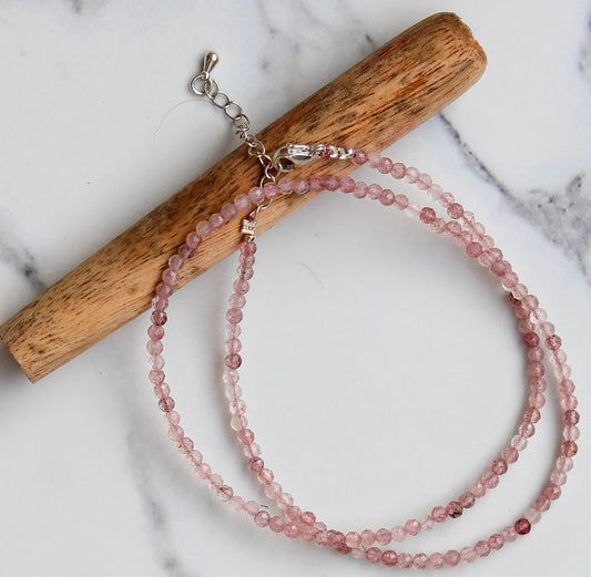 Genuine Strawberry Quartz Beads Necklace / Handcrafted Adjustable Mala Necklace / 3 MM Round Micro Faceted Beaded Necklace Jewelry - AS & JG