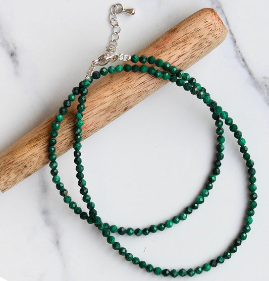 Genuine Malachite Beads Necklace / Handcrafted Adjustable Mala Necklace / 3 MM Round Micro Faceted Beaded Necklace Jewelry - AS & JG