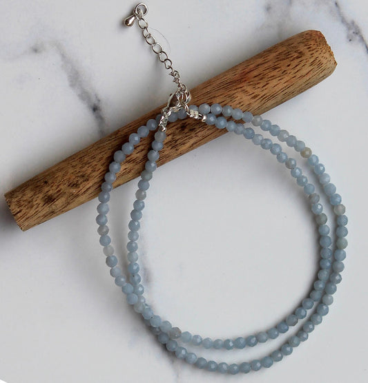 Genuine Angelite Beads Necklace / Handcrafted Adjustable Mala Necklace / 3 MM Round Micro Faceted Beaded Necklace Jewelry - AS & JG