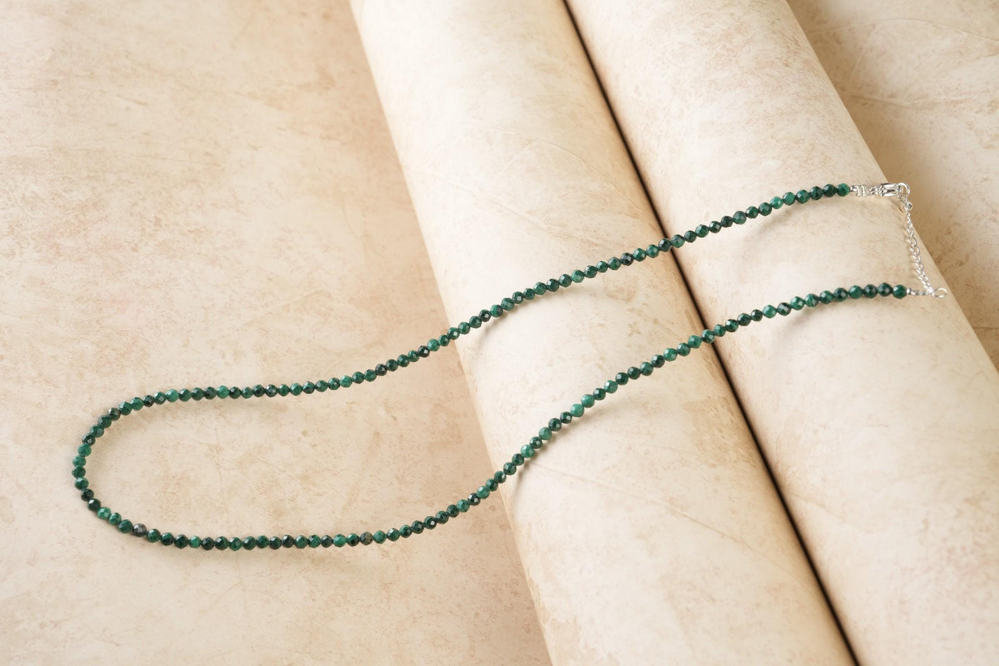 Genuine Malachite Beads Necklace / Handcrafted Adjustable Mala Necklace / 3 MM Round Micro Faceted Beaded Necklace Jewelry - AS & JG
