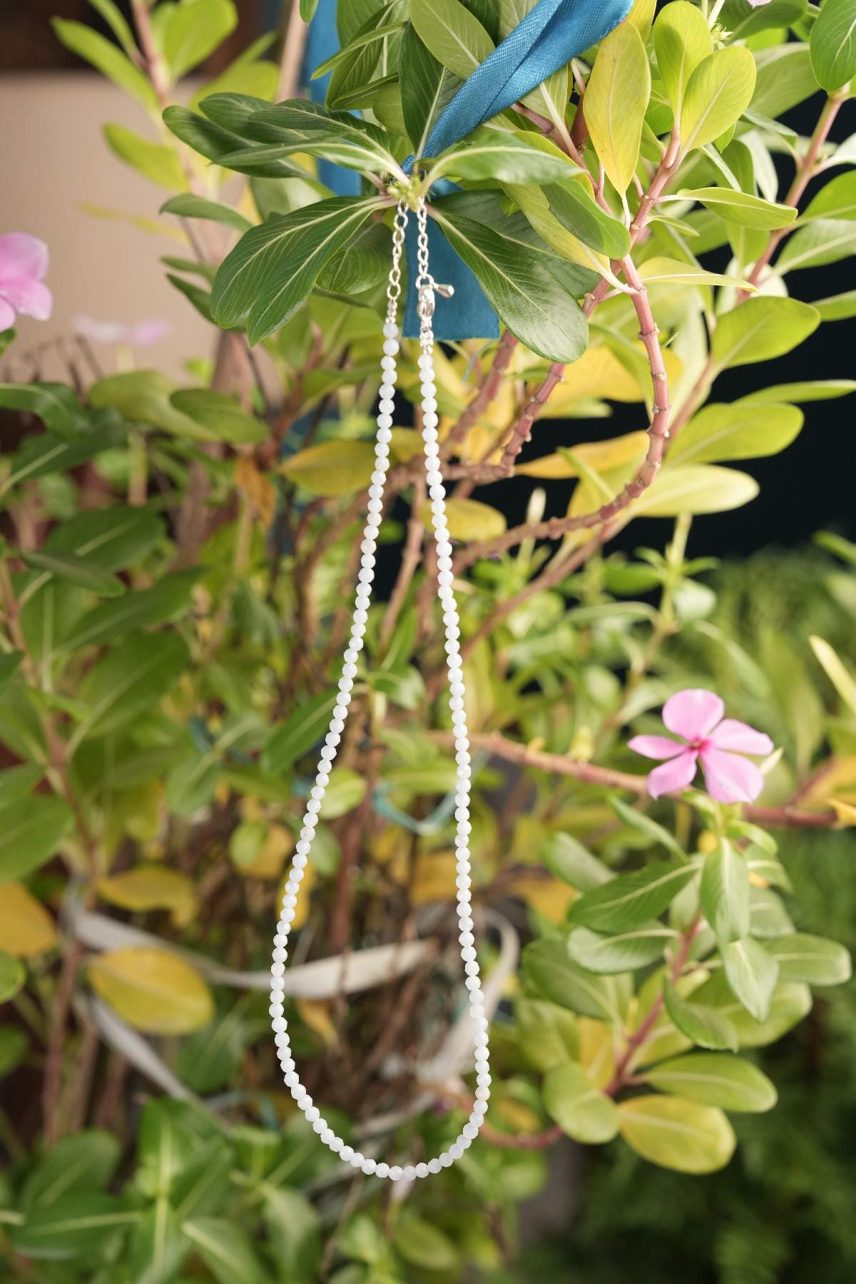 Genuine Angelite Beads Necklace / Handcrafted Adjustable Mala Necklace / 3 MM Round Micro Faceted Beaded Necklace Jewelry - AS & JG