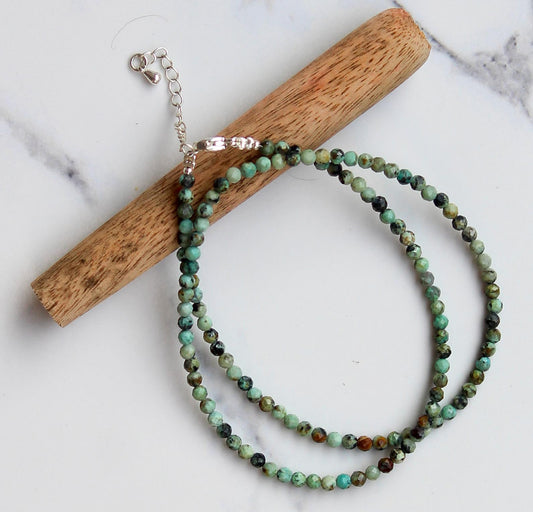 Genuine African Turquoise Beads Necklace / Handcrafted Adjustable Mala Necklace / 3 MM Round Micro Faceted Beaded Necklace Jewelry - AS & JG