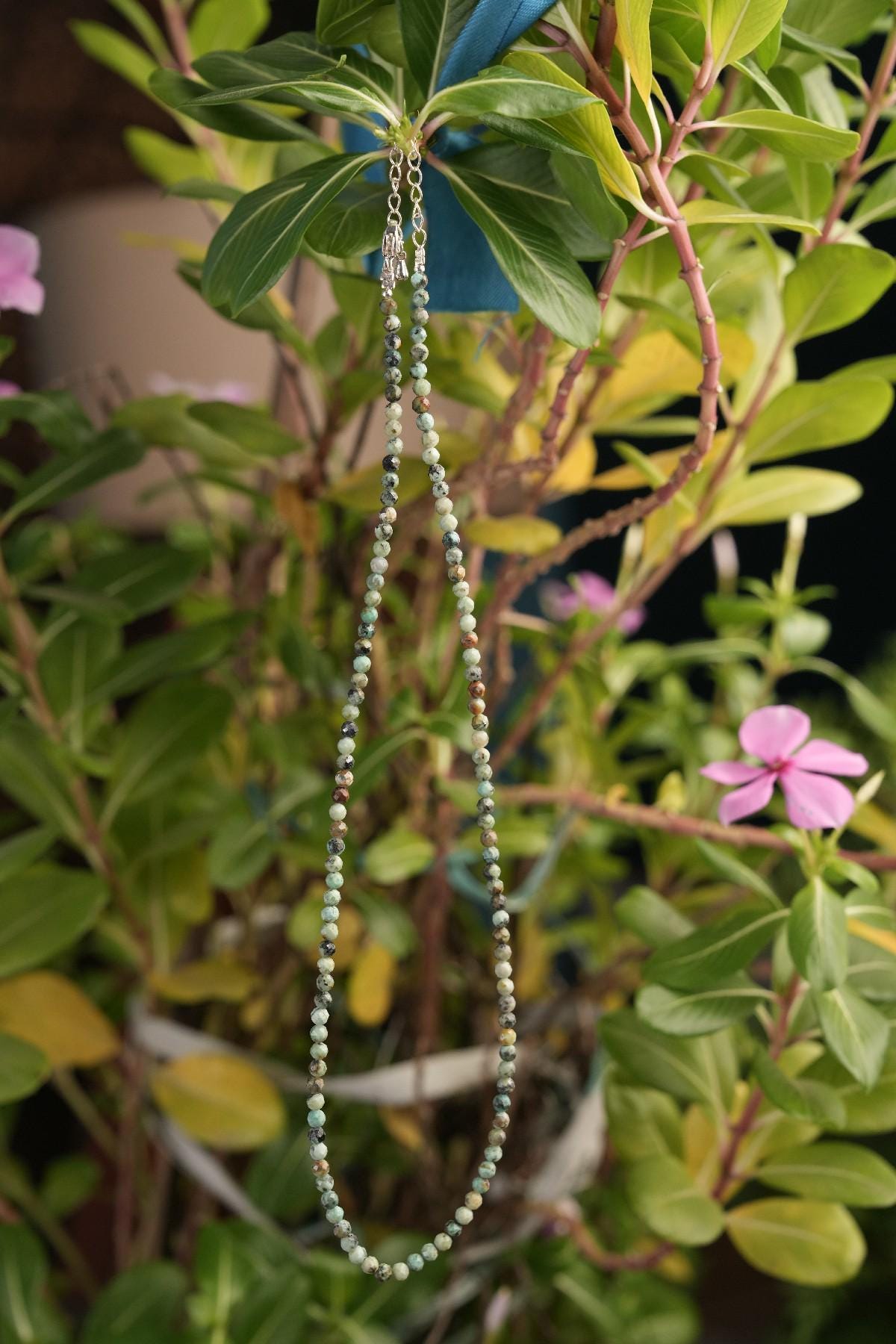 Genuine African Turquoise Beads Necklace / Handcrafted Adjustable Mala Necklace / 3 MM Round Micro Faceted Beaded Necklace Jewelry - AS & JG