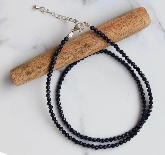 Genuine Blue Sandstone Beads Necklace / Handcrafted Adjustable Mala Necklace / 3 MM Round Micro Faceted Beaded Necklace Jewelry - AS & JG
