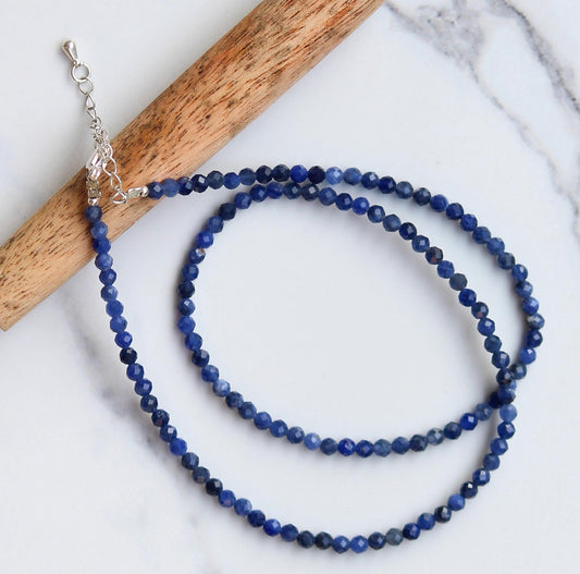 Genuine Sodalite Beads Necklace / Handcrafted Adjustable Mala Necklace / 3 MM Round Micro Faceted Beaded Necklace Jewelry - AS & JG
