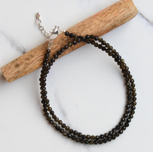 Genuine Golden Obsidian Beads Necklace / Handcrafted Adjustable Mala Necklace / 3 MM Round Micro Faceted Beaded Necklace Jewelry - AS & JG