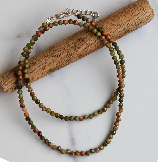 Genuine Unakite Beads Necklace / Handcrafted Adjustable Mala Necklace / 3 MM Round Micro Faceted Beaded Necklace Jewelry - AS & JG