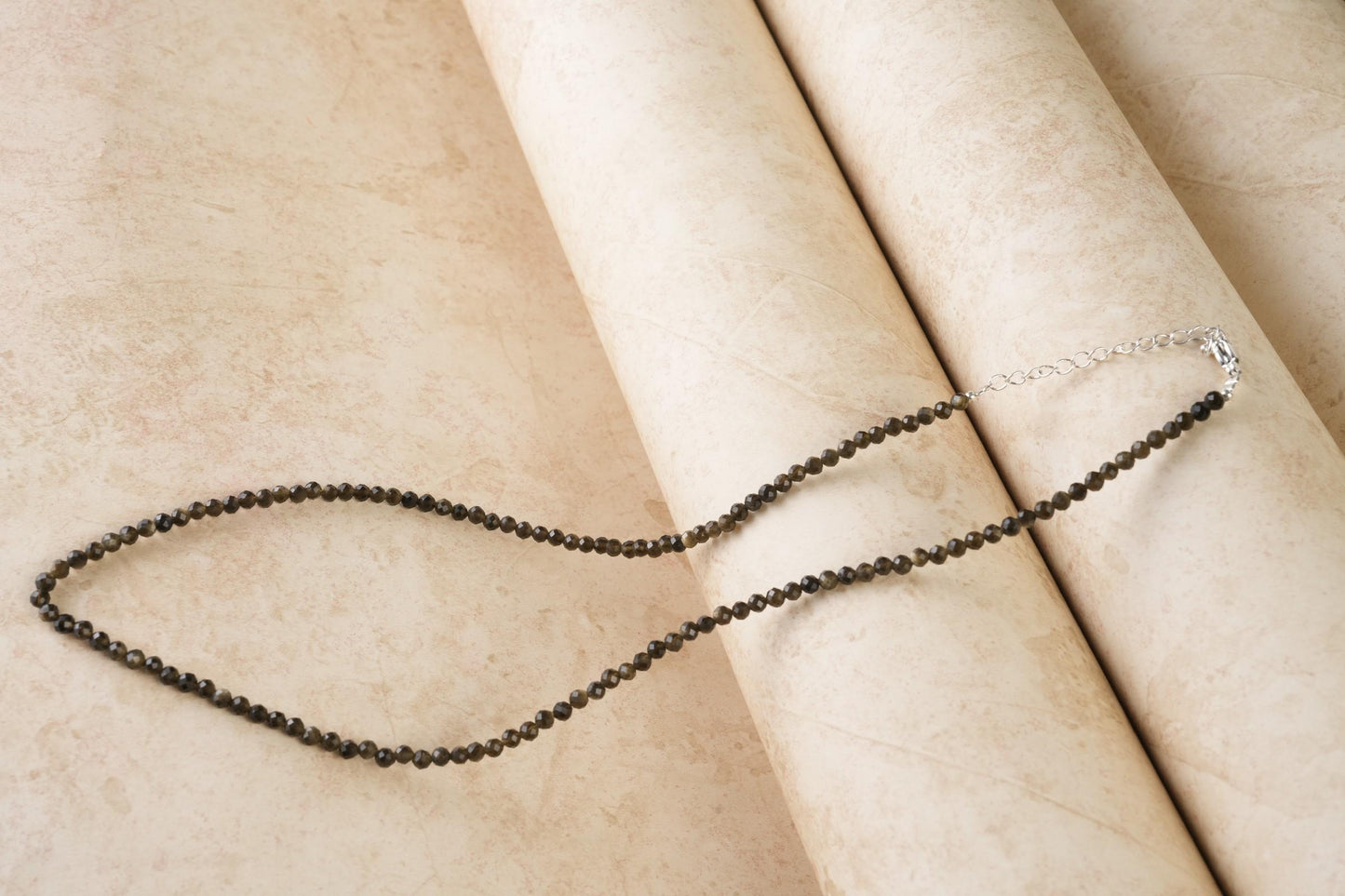 Genuine Golden Obsidian Beads Necklace / Handcrafted Adjustable Mala Necklace / 3 MM Round Micro Faceted Beaded Necklace Jewelry - AS & JG