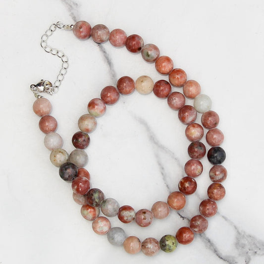 Genuine Cherry Flower Jasper Beads Necklace / Handcrafted Adjustable Mala Necklace / 8 MM Round Smooth Beaded Necklace Jewelry For Her-AS&JG