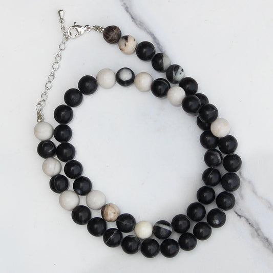 Genuine Black Zebra Jasper Beads Necklace / Handcrafted Adjustable Mala Necklace / 8 MM Round Smooth Beaded Necklace Jewelry For Her-AS & JG