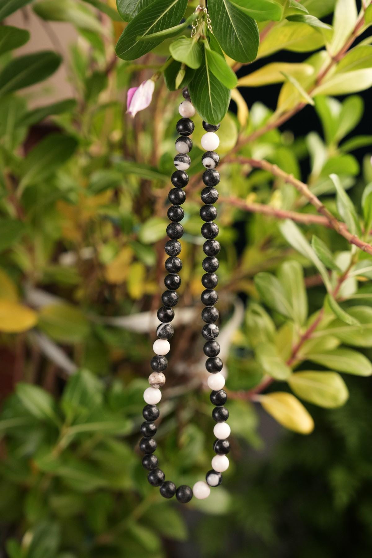 Genuine Black Zebra Jasper Beads Necklace / Handcrafted Adjustable Mala Necklace / 8 MM Round Smooth Beaded Necklace Jewelry For Her-AS & JG