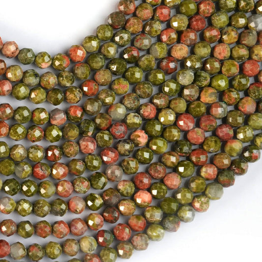 Natural Unakite Gemstone Round Micro Faceted Beads String 15.5 Inches Long 2/3/4/6 MM for Jewelry Making and Crafting - AS & JG