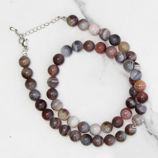 Genuine Botswana Agate Beads Necklace / Handcrafted Adjustable Mala Necklace / 8 MM Round Smooth Beaded Necklace Jewelry For Her - AS & JG