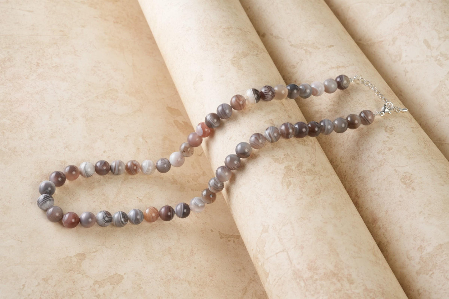 Genuine Botswana Agate Beads Necklace / Handcrafted Adjustable Mala Necklace / 8 MM Round Smooth Beaded Necklace Jewelry For Her - AS & JG