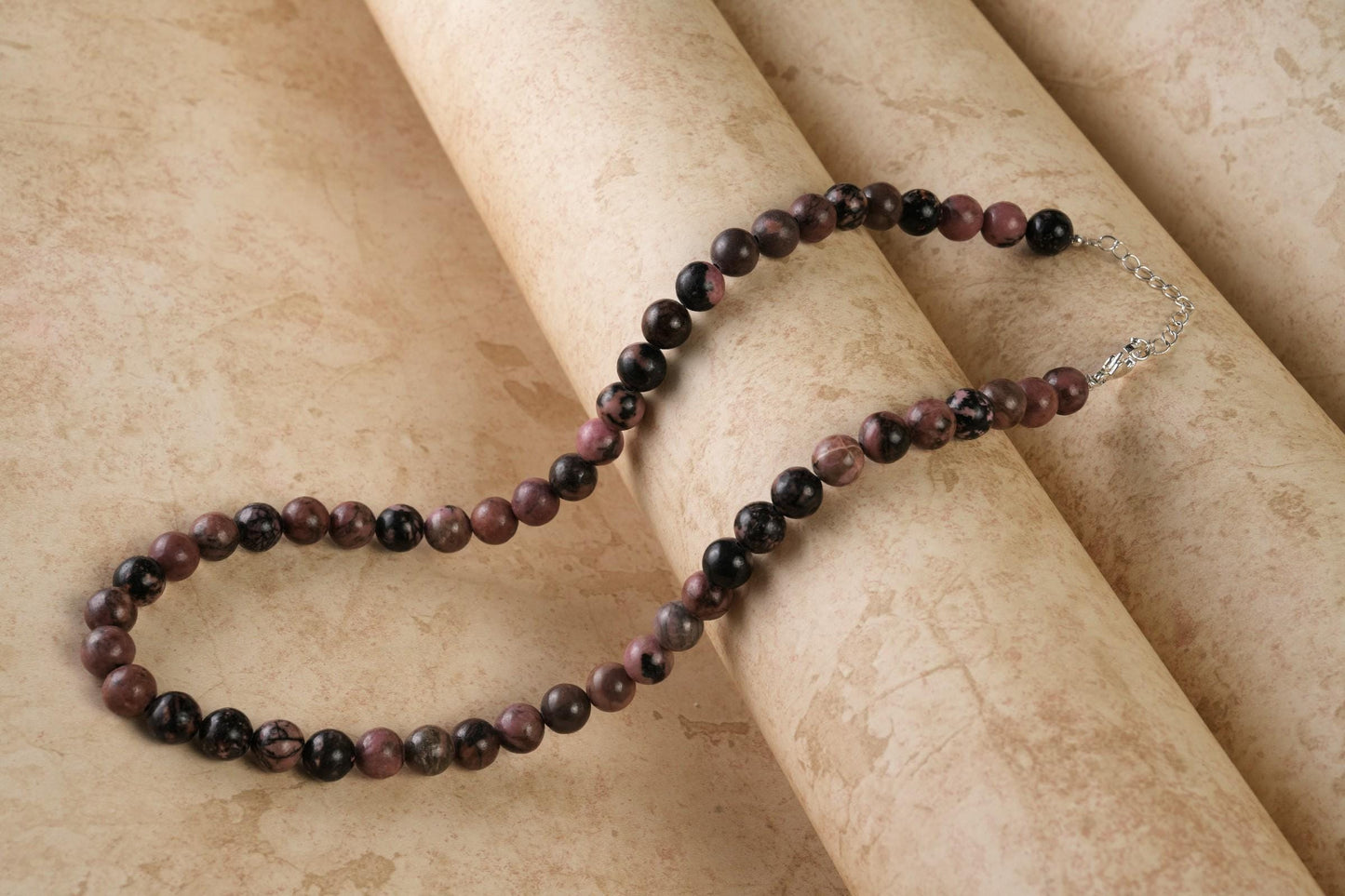 Black Matrix Rhodonite Beads Necklace / Handcrafted Adjustable Mala Necklace / 8 MM Round Smooth Beaded Necklace Jewelry For Her - AS & JG