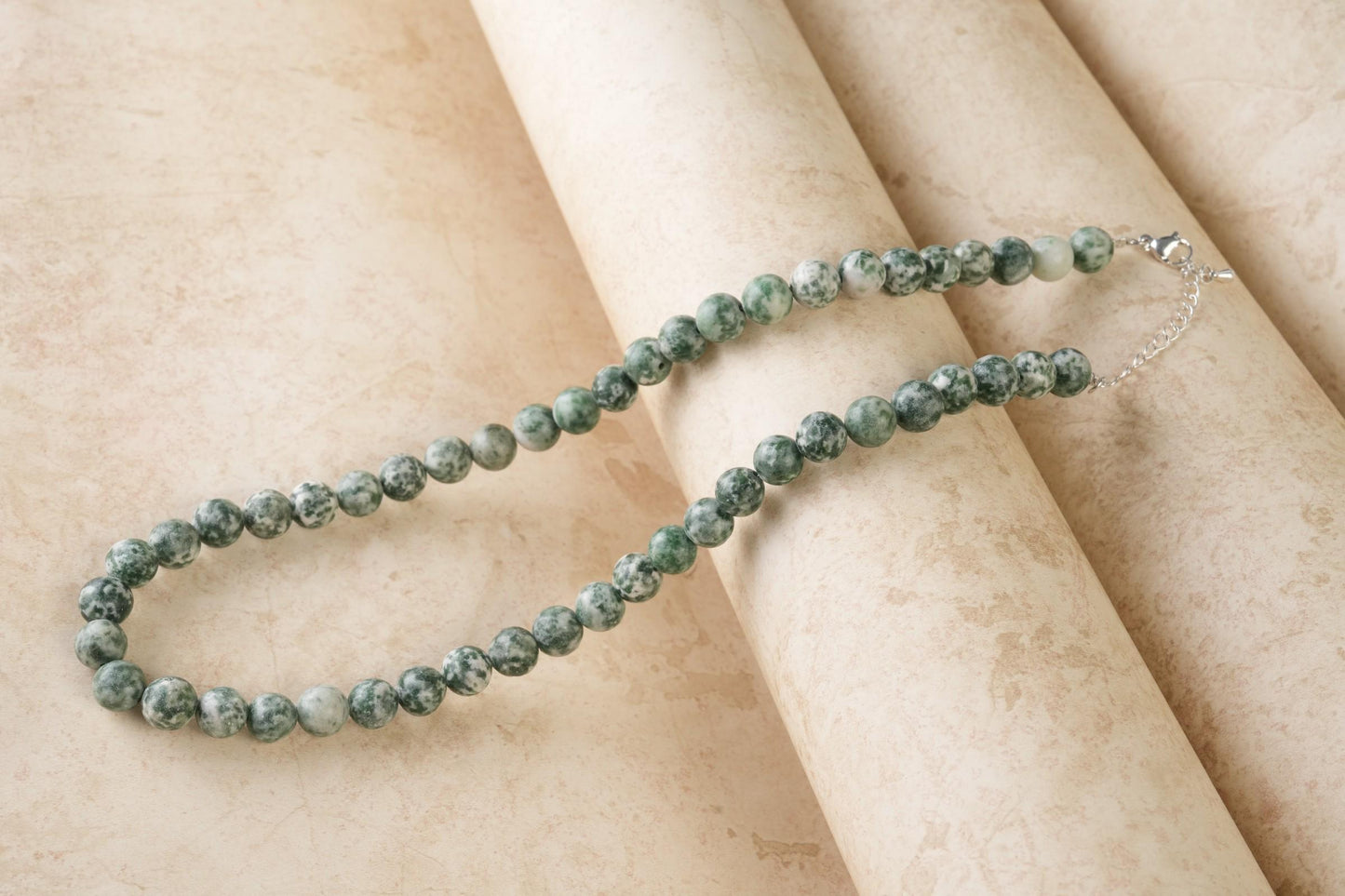 Genuine Green Spot Jasper Beads Necklace / Handcrafted Adjustable Mala Necklace / 8 MM Round Smooth Beaded Necklace Jewelry For Her- AS & JG