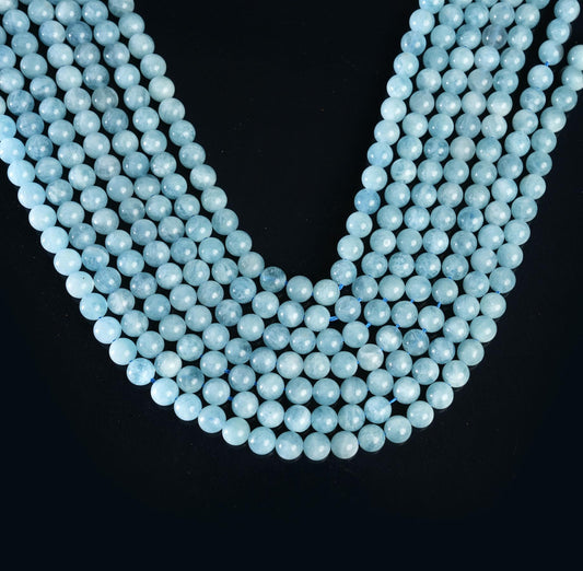 Natural Aquamarine Gemstone Round Smooth Beads String 15.5 Inches Long 4/6/8/10 MM for Jewelry Making and Crafting - AS & JG