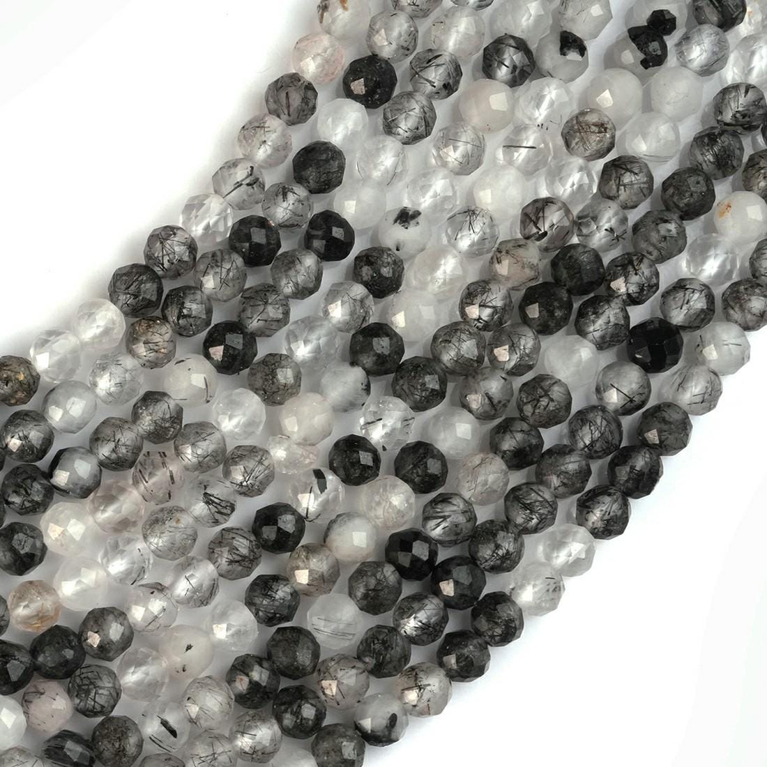 Natural Black Rutile Quartz Gemstone Round Micro Faceted Beads String 15.5 Inches Long 2/3/4/6 MM for Jewelry Making and Crafting - AS & JG