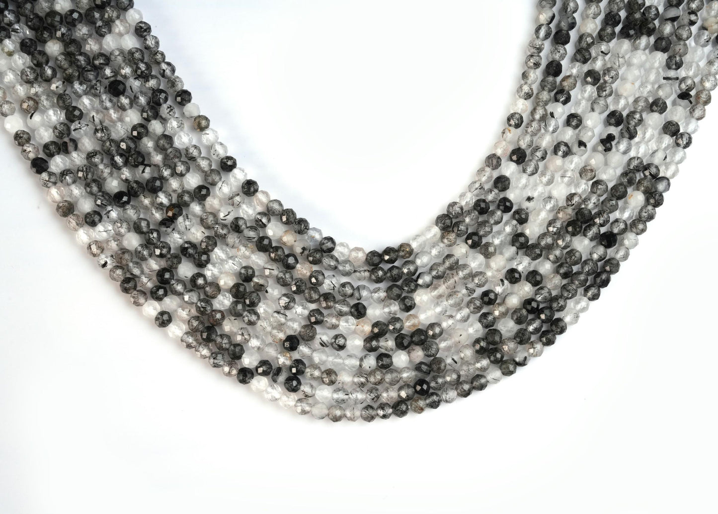 Natural Black Rutile Quartz Gemstone Round Micro Faceted Beads String 15.5 Inches Long 2/3/4/6 MM for Jewelry Making and Crafting - AS & JG