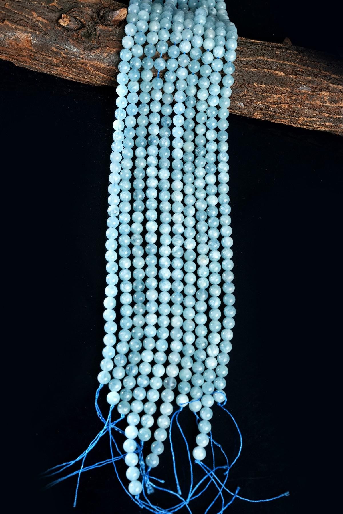 Natural Aquamarine Gemstone Round Smooth Beads String 15.5 Inches Long 4/6/8/10 MM for Jewelry Making and Crafting - AS & JG