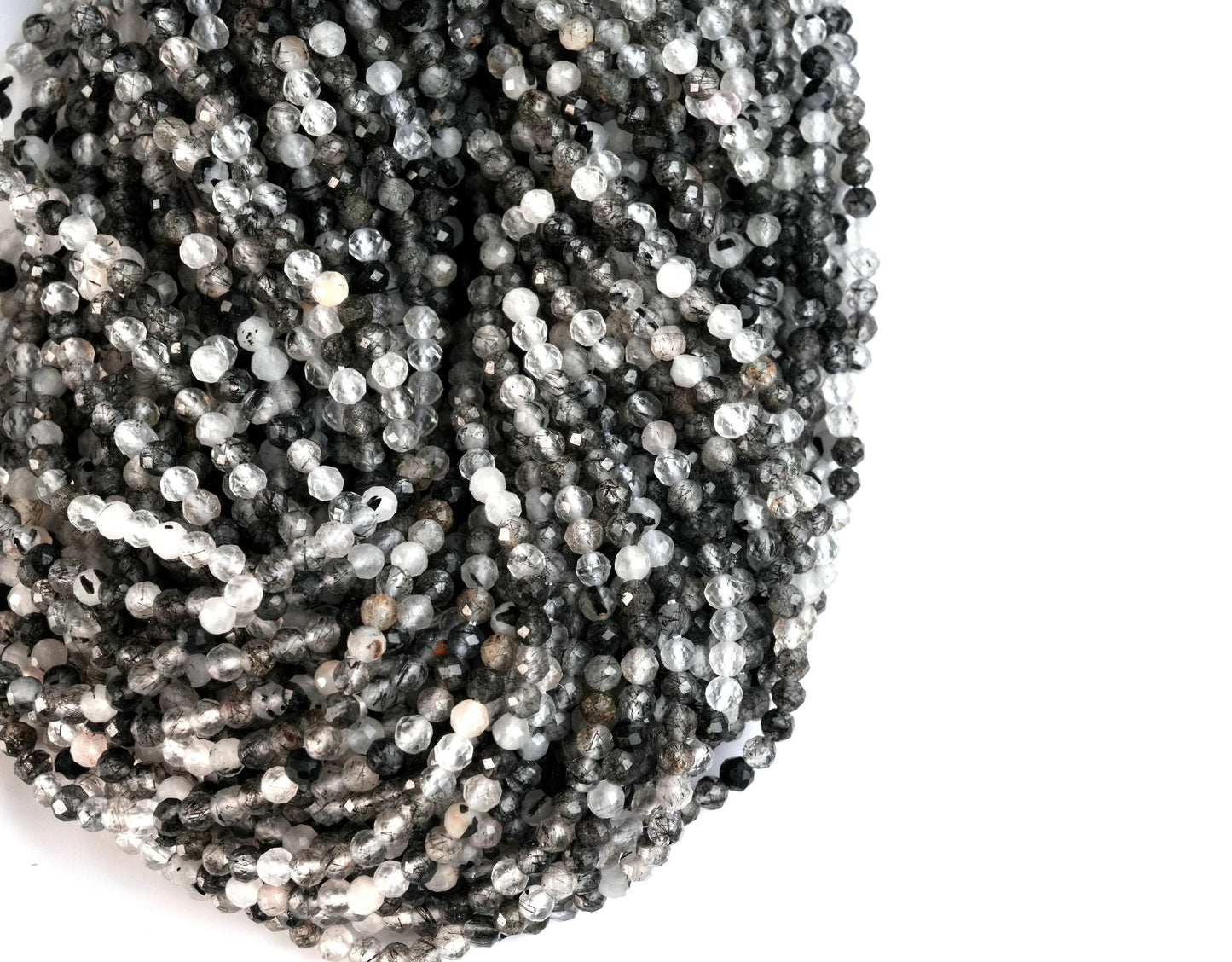 Natural Black Rutile Quartz Gemstone Round Micro Faceted Beads String 15.5 Inches Long 2/3/4/6 MM for Jewelry Making and Crafting - AS & JG