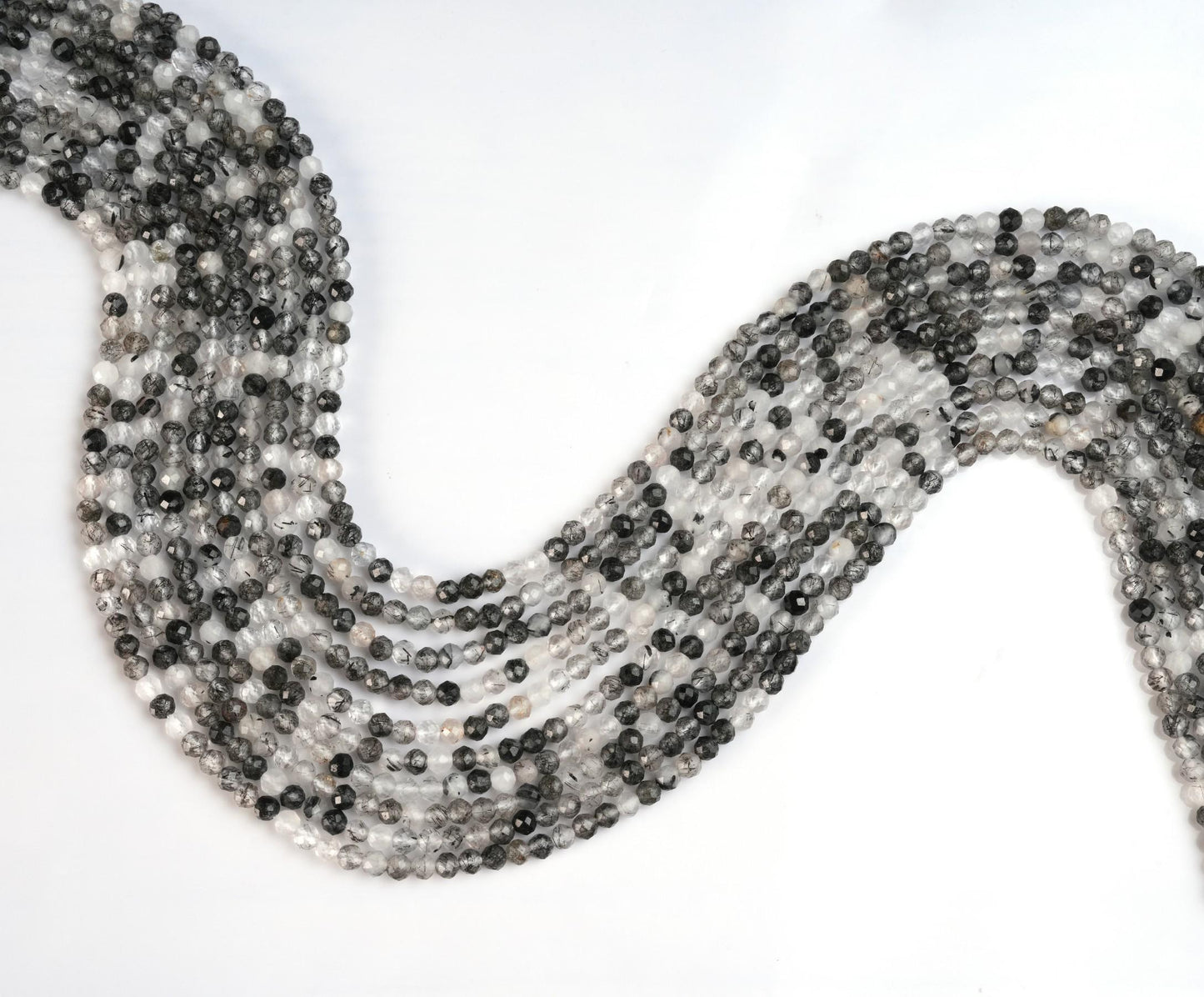 Natural Black Rutile Quartz Gemstone Round Micro Faceted Beads String 15.5 Inches Long 2/3/4/6 MM for Jewelry Making and Crafting - AS & JG