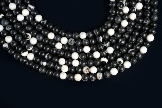 Natural Black Zebra Jasper Gemstone Round Smooth Beads String 15.5 Inches Long 4/6/8/10 MM for Jewelry Making and Crafting - AS & JG