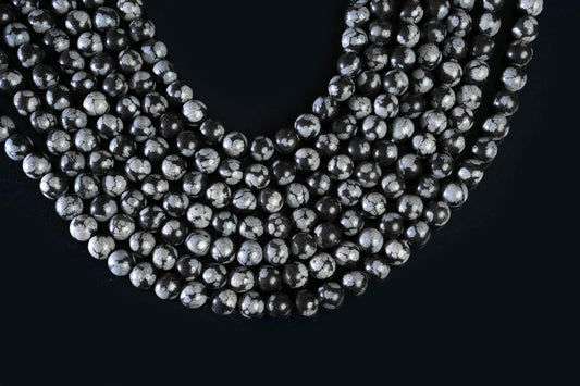 Natural Snowflake Obsidian Gemstone Round Smooth Beads String 15.5 Inches Long 4/6/8/10 MM for Jewelry Making and Crafting - AS & JG