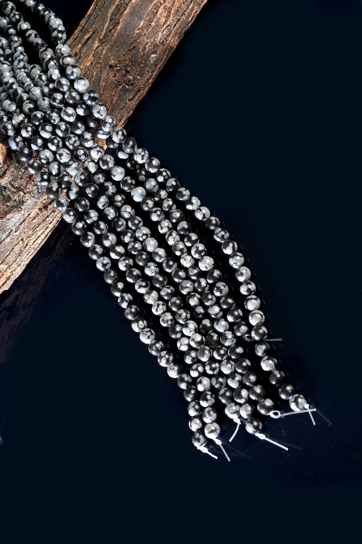 Natural Snowflake Obsidian Gemstone Round Smooth Beads String 15.5 Inches Long 4/6/8/10 MM for Jewelry Making and Crafting - AS & JG