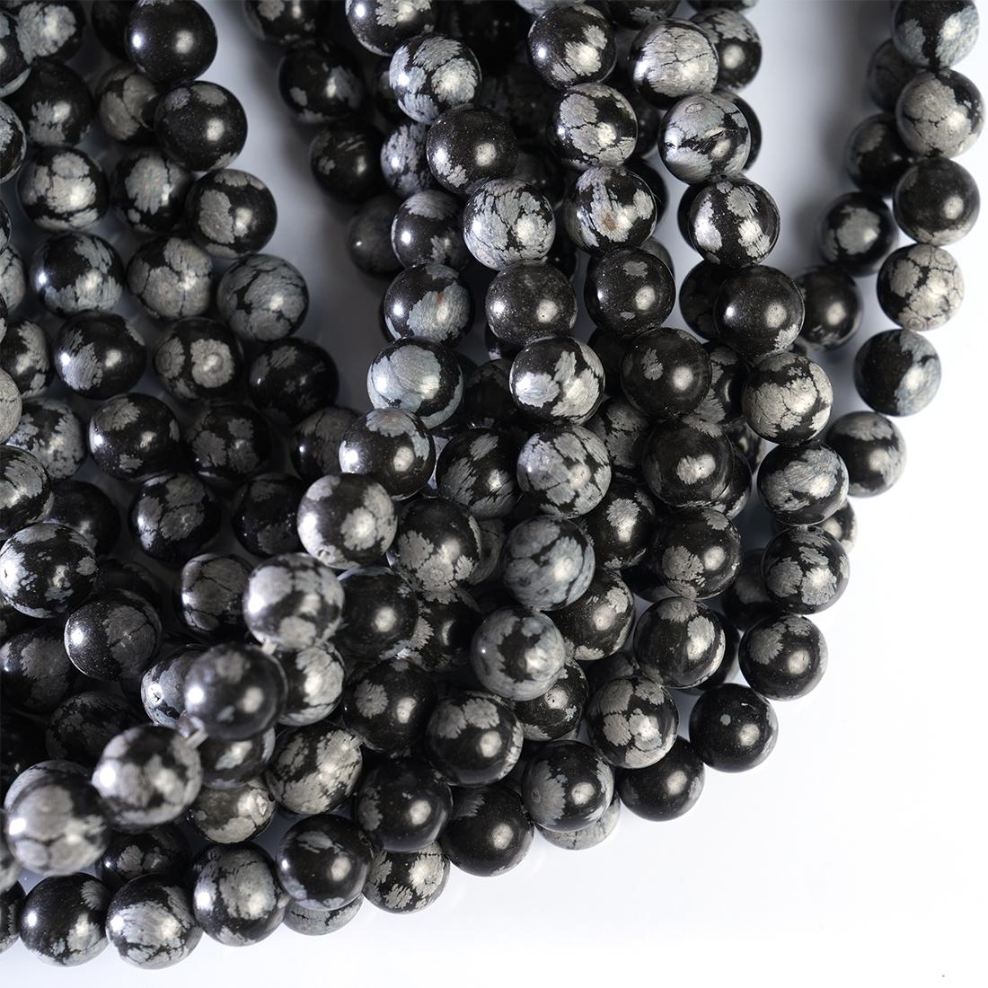Natural Snowflake Obsidian Gemstone Round Smooth Beads String 15.5 Inches Long 4/6/8/10 MM for Jewelry Making and Crafting - AS & JG