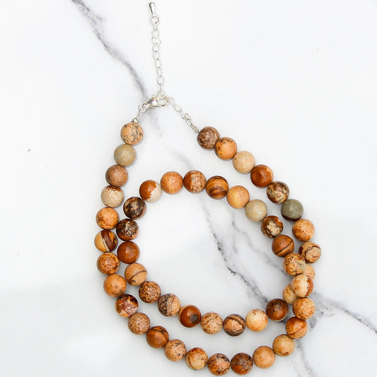 Genuine Picture Jasper Beads Necklace / Handcrafted Adjustable Mala Necklace / 8 MM Round Smooth Beaded Necklace Jewelry For Her - AS & JG