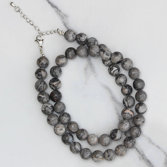 Genuine Grey Map Jasper Beads Necklace / Handcrafted Adjustable Mala Necklace / 8 MM Round Smooth Beaded Necklace Jewelry For Her - AS & JG