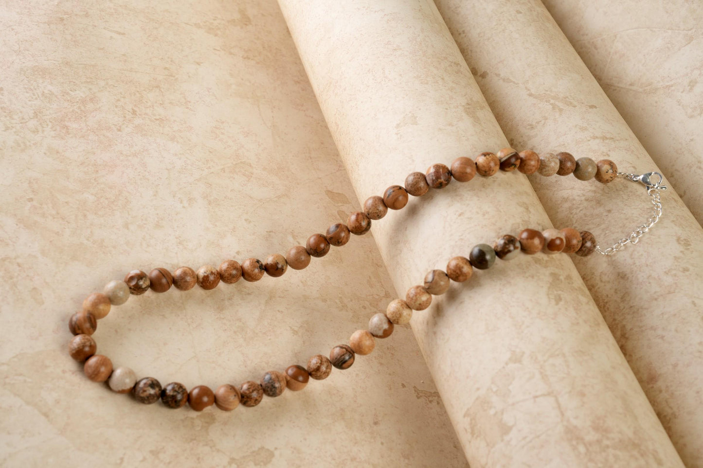 Genuine Picture Jasper Beads Necklace / Handcrafted Adjustable Mala Necklace / 8 MM Round Smooth Beaded Necklace Jewelry For Her - AS & JG