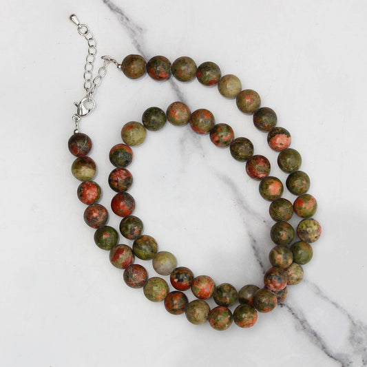 Genuine Unakite Beads Necklace / Handcrafted Adjustable Mala Necklace / 8 MM Round Smooth Beaded Necklace Jewelry For Her - AS & JG
