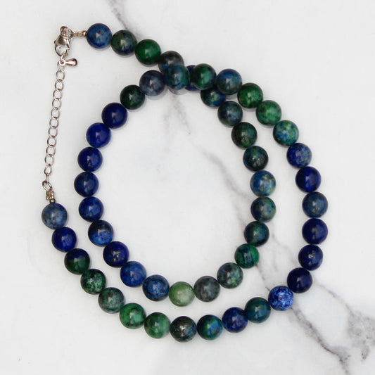 Genuine Azurite Malachite Beads Necklace / Handcrafted Adjustable Mala Necklace / 8 MM Round Smooth Beaded Necklace Jewelry For Her -AS & JG