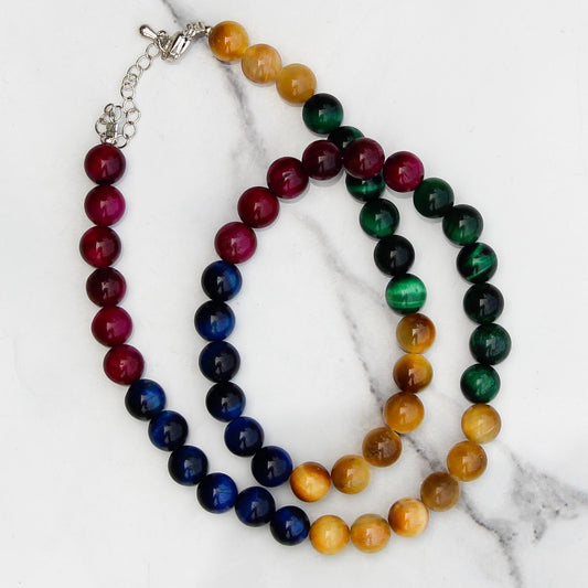 Genuine Multi Tigers Eye Beads Necklace / Handcrafted Adjustable Mala Necklace / 8 MM Round Smooth Beaded Necklace Jewelry For Her - AS & JG