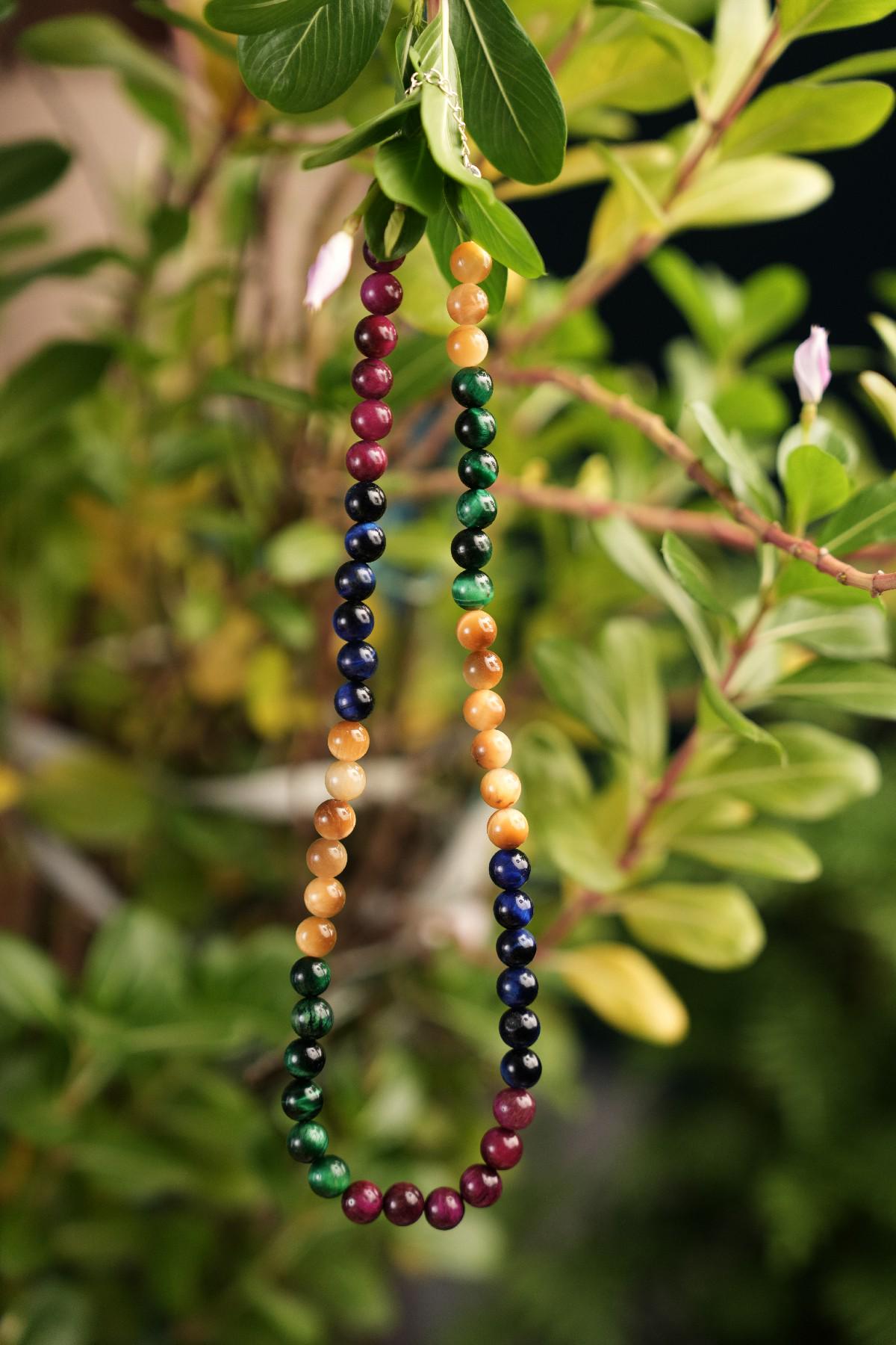 Genuine Multi Tigers Eye Beads Necklace / Handcrafted Adjustable Mala Necklace / 8 MM Round Smooth Beaded Necklace Jewelry For Her - AS & JG
