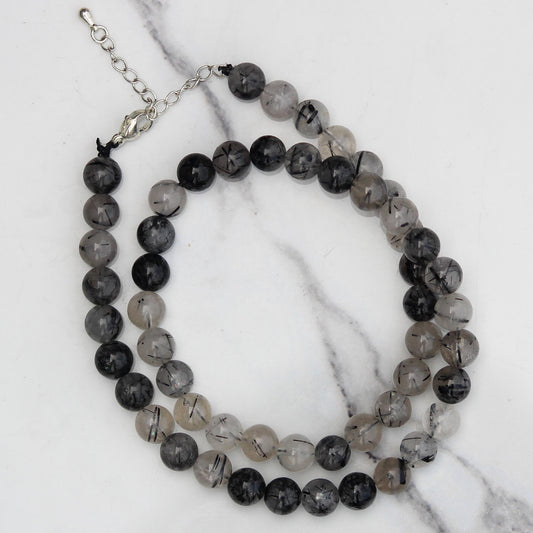 Genuine Black Rutile Quartz Beads Necklace / Handcrafted Adjustable Mala Necklace / 8 MM Round Smooth Beaded Necklace Jewelry For Her -AS&JG