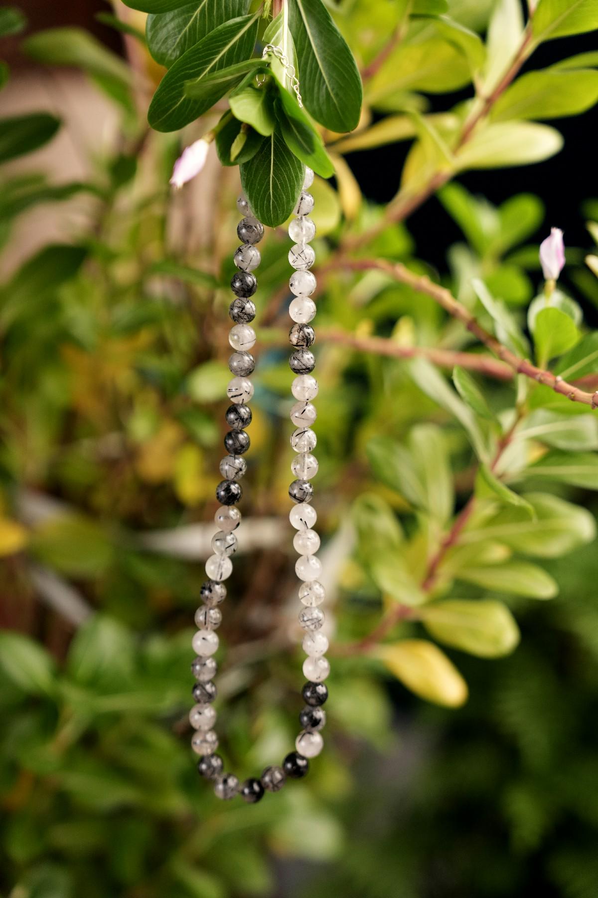 Genuine Black Rutile Quartz Beads Necklace / Handcrafted Adjustable Mala Necklace / 8 MM Round Smooth Beaded Necklace Jewelry For Her -AS&JG
