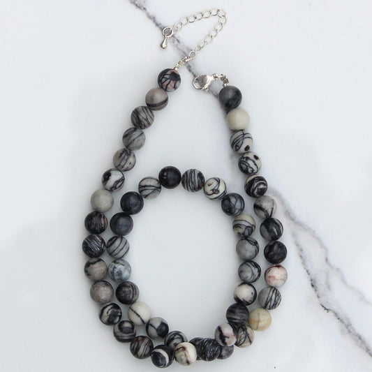 Genuine Black Spider Jasper Beads Necklace / Handcrafted Adjustable Mala Necklace / 8 MM Round Smooth Beaded Necklace Jewelry For Her -AS&JG