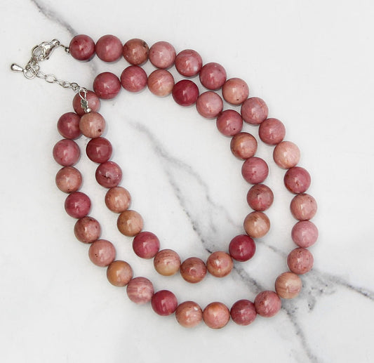 Genuine Rhodonite A Beads Necklace / Handcrafted Adjustable Mala Necklace / 8 MM Round Smooth Beaded Necklace Jewelry For Her - AS & JG