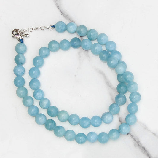 Genuine Aquamarine Beads Necklace / Handcrafted Adjustable Mala Necklace / 8 MM Round Smooth Beaded Necklace Jewelry For Her - AS & JG