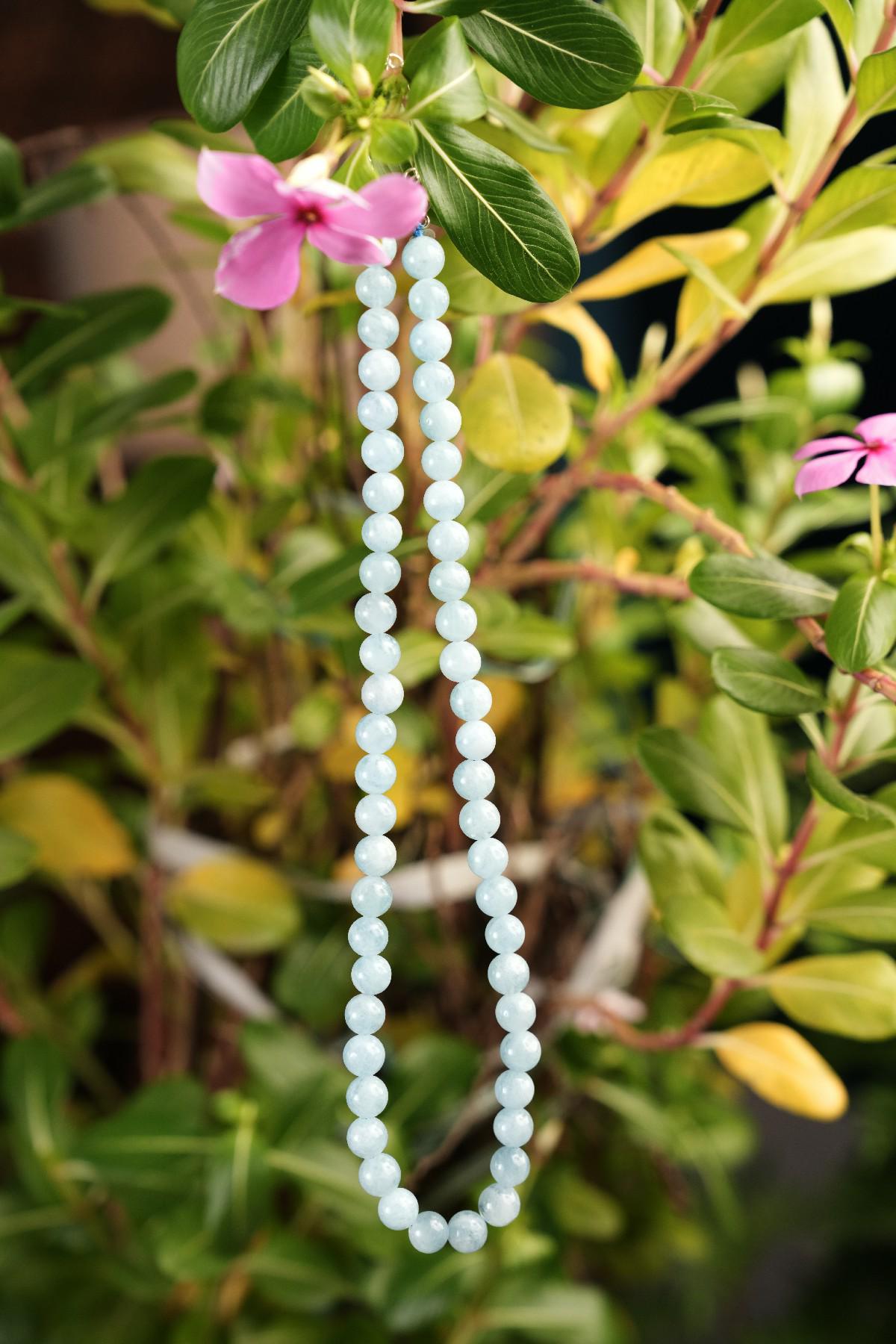 Genuine Aquamarine Beads Necklace / Handcrafted Adjustable Mala Necklace / 8 MM Round Smooth Beaded Necklace Jewelry For Her - AS & JG
