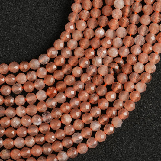 Natural Sunstone Gemstone Round Micro Faceted Beads String 15.5 Inches Long 2/3/4/6 MM for Jewelry Making and Crafting - AS & JG