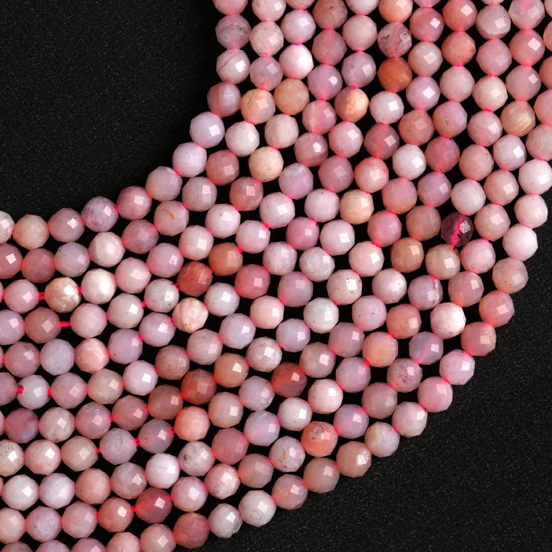 Natural Pink Opal Gemstone Round Micro Faceted Beads String 15.5 Inches Long 2/3/4/6 MM for Jewelry Making and Crafting - AS & JG