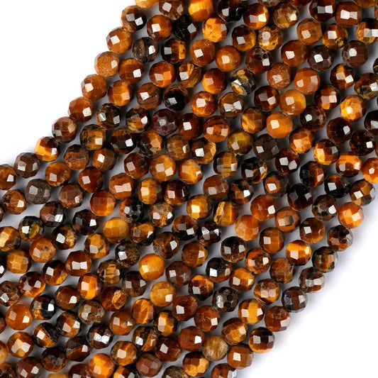 Natural Tiger's Eye Gemstone Round Micro Faceted Beads String 15.5 Inches Long 2/3/4/6 MM for Jewelry Making and Crafting - AS & JG