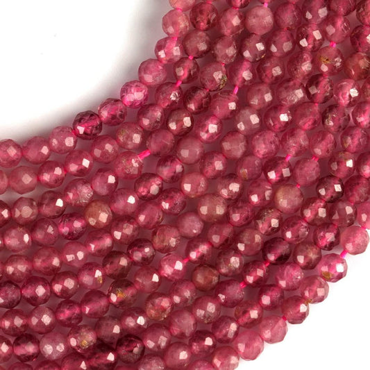 Natural Pink Tourmaline Gemstone Round Micro Faceted Beads String 15.5 Inches Long 2/3/4/6 MM for Jewelry Making and Crafting - AS & JG