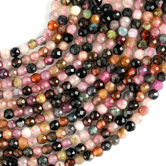 Natural Multi Tourmaline Gemstone Round Micro Faceted Beads String 15.5 Inches Long 2/3/4/6 MM for Jewelry Making and Crafting - AS & JG