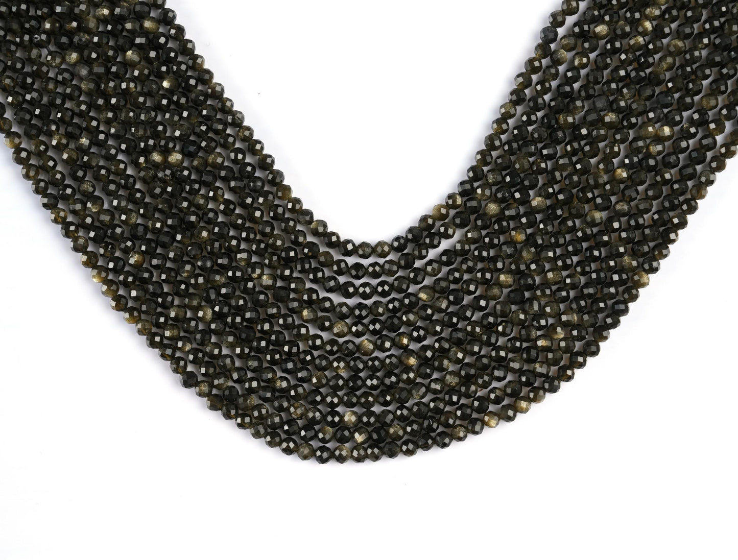 Natural Golden Obsidian Gemstone Round Micro Faceted Beads String 15.5 Inches Long 2/3/4/6 MM for Jewelry Making and Crafting - AS & JG